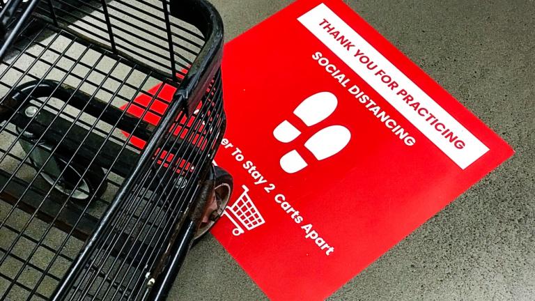 distancing decals in a grocery store